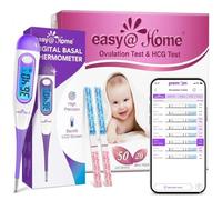 Easy@Home 50 Ovulation Test Strips and 20 Pregnancy Tests with Digital Basal Thermometer - 1/100°C High Precision, Memory Recall, Backlight, Sync & Chart via Premom App for Natural Family Planning