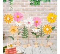 EASY JOY 11 Pcs Felt Flowers Decorations Daisy Felt Centerpieces Handcrafted Wildflower Centrepieces with Wooden Base Pastel Flower Table Decorations for Birthday Baby Shower Spring Garden Home Decor