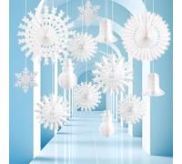 EASY JOY 13PCS Christmas Paper Snowflake Fans White Paper Snowflake Hanging Ornaments Snowman Bell Honeycomb Winter Wonderland Ceiling Decor for Christmas Winter Wedding Birthday Party Decor