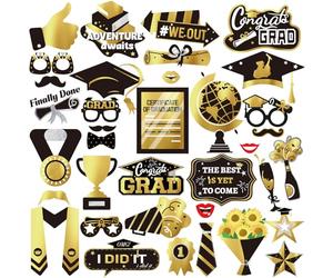 Easy Joy 2026 Graduation Photo Booth Props 36PCS Black Gold Graduation Photo Props Class of 2026 Grad Decor with Sticks Glitter Class 2026 Graduate Celebrations Family Graduating Party Supplies