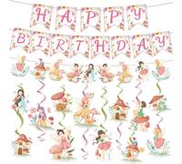 EASY JOY 27PCS Fairy First Birthday Decorations Pre-strung Fairy Happy Birthday Banners Fairy Mushroom Hanging Swirls Party Decor Supplies Fairy 1st Bday Party Decor for Girls kids