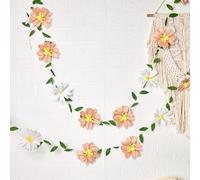 Easy Joy 2Pcs Paper Flower Garland 8.2ft Spring Hanging White Pink Paper Flower Green Leaves Party Banner Crepe Artificial Flower Floral Garland for Spring Birthday Wedding Home Wall Decor