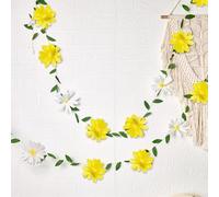 Easy Joy 2Pcs Paper Flower Garland 8.2ft Spring Hanging White Yellow Paper Flower Green Leaves Party Banner Crepe Artificial Flower Floral Garland for Spring Birthday Wedding Home Wall Decor