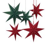 EASY JOY 5PCS Christmas Paper Star 3D Star Lanterns Hanging Red Green Christmas Decorations Vintage Xmas Velvet Ornaments for Wall/Tree/Window Home Decor