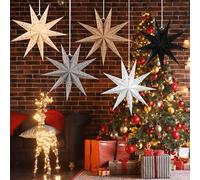 EASY JOY 5pcs Christmas Paper Stars Hanging Decoration Grey White Black Hanging 3D Star 9-Pointed 12 Inch Xmas Paper Lantern for Wedding Birthday Christmas Home Party Decorations