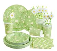 EASY JOY 80Pcs Daisy Birthday Party Tableware Paper Plates Cups Napkins Green Daisy Birthday Party Decoration Spring Floral Party Plates Set for Summer Garden Afternoon Tea Supplies-16 Guests