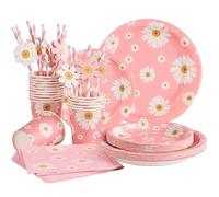 Easy Joy 80pcs Daisy Party Tableware Set for 16 Guests Pastel Paper Plates | Cups, Napkins and Straws for Girls' Birthdays, Baby Showers, Afternoon Tea and Garden Parties