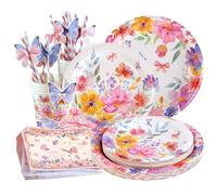 EASY JOY 80Pcs Wildflower Party Supplies Butterfly Party Tableware Sets with Floral Paper Plates Cups and Napkins for Girls for Spring Birthday Baby Shower Tea Party Decorations (16 Guests)