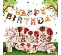 EASY JOY 86PCS Woodland Party Decorations Animal Paper Tableware Jungle Safari Paper Plates Cups Napkins Animal Happy Birthday Banner for Summer Garden Wild One Birthday Baby Shower