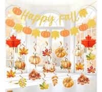 Easy Joy Autumn Happy Fall Party Decorations Orange Glitter Fall Banner Pumpkin Maple Leaf Hanging Garland Swirls 3D Maple Leaf Honeycomb for Thanksgiving Day Halloween Decor