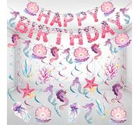 Easy Joy Mermaid Party Decoration 33PCS Under The Sea Party Decoration with Pink Purple Happy Birthday Banner Ocean Theme Hanging Swirls for Mermaid Girls Birthday Baby Shower Decorations