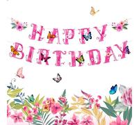 EASY JOY Pink Flower Happy Birthday Banner Spring Summer Wildflower Butterfly Banners Pink Floral Party Banner for Women Girls Birthday Baby Shower Garden Afternoon Tea Decor Pre-Strung