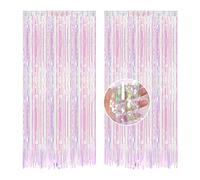 EASY JOY Rainbow Tinsel Foil Fringe Curtains, 2pcs 3ft X 8ft Pink Metallic Tassel Curtain Party Wall Back Drop Decoration for Graduation Wedding Disco Pastel Princess Party Decoration