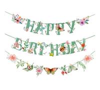 Easy Joy Sage Green Flower Happy Birthday Banner Green Spring Summer Floral Butterfly Garland Banner Garden Wildflower Party Decoration for Birthday Baby Shower Tea Party Supplies | Pre-Strung
