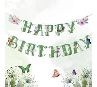 EASY JOY Sage Green Flower Happy Birthday Banners Spring Summer Wildflower Butterfly Party Flower Banner for Garden Enchanted Forest Floral Banner for Girls Women Birthday Baby Shower(Pre-Strung)