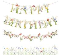 Easy Joy Wildflower Birthday Party Banner Spring Summer Floral Happy Birthday Banner Garland Floral Party Decorations Butterfly Garden Decor for Girls Women Baby Shower Wedding Tea Party