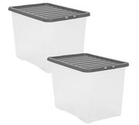 Easy Shopping® 2 x Extra Large 80L 80 Litres Clear Plastic Storage Box with Black Lid, Strong Stackable Storage Container Box Home, Office, Kitchen, Made In U.K.