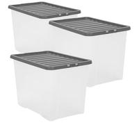 Easy Shopping® 3 x Extra Large 80L 80 Litres Clear Plastic Storage Box with Black Lid, Strong Stackable Storage Container Box Home, Office, Kitchen, Made In U.K.