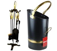 Easy Shopping® 5 Pcs Companion Set and Heavy-Duty 16" Coal Hod, Coal Bucket Scuttle Stylish Colour Fireplace Tools Set, in Companion Set Tong, Shovel, Poker, Brush, Stand and 16" Coal Hod (Brass)