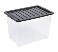 Easy Shopping® 80L 50L 32L Clear Plastic Storage Box with Black Lid, Strong Stackable Storage Container Box Home, Office, Kitchen, Made in U.K. (80 Litre)