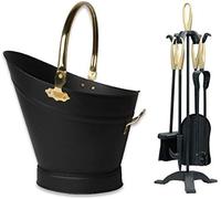 Easy Shopping® Black & Brass Waterloo Bucket with Black & Brass 5 Piece Companion Set Cast Iron Tools Fireplace Waterloo Coal Bucket and Companion Set