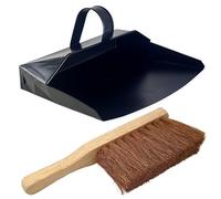Easy Shopping® Heavy Duty Metal Dustpan with Handle Industrial Design Large Black Hooded Metal Dustpan Cleaning Scoop Also Suitable for Fireplace, homes, log burners, stoves. (Dustpan With Soft Brush)