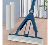 Easy Sponge Mop,128cm Stainless Steel Handle Floor Cleaner,Super Absorbent PVA Sponges,Send 2pcs Sponge Mop Heads for Laminate, Tile, Hardwood Floor(Indigo)