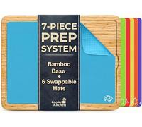 Easy-to-Clean Bamboo Wood Chopping Cutting Board with Set of 6 Color-Coded Flexible Cutting Mats with Food Icons - Chopping Board Set