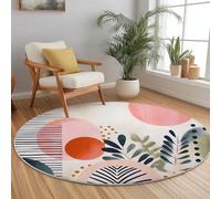 Easy to Clean Round Area Rug Beige - Geometric Bohemian Plants Palm Leaves Print Theme, Fade Resistant Low-Pile Carpet with Non-Slip Backing for Living Room Bedroom Kids, 100cm