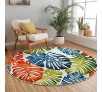 Easy to Clean Round Area Rug Green - Animated Watercolor Monstera Leaf Lines Print Theme, Fade Resistant Low-Pile Carpet with Non-Slip Backing for Living Room Bedroom Kids, 150cm
