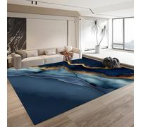 Easy To Clean Shaggy Soft Carpet for Living Room Watercolor Blue And Gold Texture Pattern, Modern Design 80cm x 150cm Rug Machine Washable With Non-Slip Backing for Teenagers Room Nursery