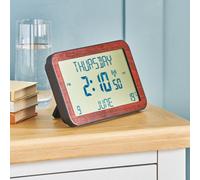 Easy To Read Calendar Clock - Freestanding Or Hanging Multi-Language Clock - Displays Time, Day, Date, Month & Temperature - Brown