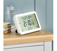 Easy To Read Calendar Clock - Freestanding Or Hanging Multi-Language Clock - Displays Time, Day, Date, Month & Temperature - White