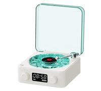Easy Touch Speaker, Cute Speaker Waves Vinyl Mini Record Player 6x6x3" Portable Four Modes Wireless Retro Portable with LED Display Rechargeable for Home Office, White