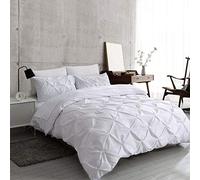 Easy Wash Breathable Luxury Polycotton Pinch Pleat Pintuck Diamond Design Quilt Duvet Cover Set with Pillowcases - White Double