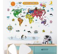 EASYARTO Cute Colourful Wall Sticker Decal of World map Shows Continents, Oceans, Animals and Other Nice Details for Kids, Fun for All Family memebers, Easy Peel and Stick