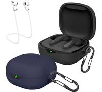 easyBee Pack of 2 Case Compatible with JBL Wave 300 TWS, with 2 Carabiners Anti-Loss Straps, Liquid Silicone Case Ultra Thin Shockproof Protective Case Bluetooth Headphone Case - Black and Blue