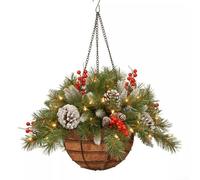 EasyByMall Artificial Flowers Hanging With Basket, Pre-Lit Artificial Christmas Hanging Basket W/LED Lights Pine Cones For Outdoor Xmas Porch Front Door Holiday Garden Home Decoration, 30x25x15cm