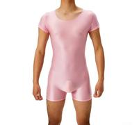 EasyByMall Men's Oil Glossy Jumpsuit Super Elastic Short Sleeve Bodysuit for Casual and Daily Wear (L Pink)