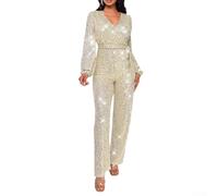 EasyByMall Women's Long Sleeve Jumpsuit with Sequin Detail Ideal for Party Wear in Fall and Winter (XL Apricot)