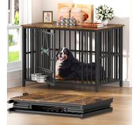 Easycom 41" Foldable Dog Crate Furniture, No Assembly Decorative Dog Kennel Indoor, XL Dog Crates for Large Dogs, Wooden Dog Cage with Adjustable Bowls and Name Tag, End Table, Rustic Brown