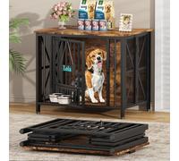 Easycom Dog Crate Furniture, 31.5" Assembly-Free Dog Crates for Small Dogs with Wooden Back Panel, Foldable Dog Kennel Indoor with Tag & Adjustable Dog Bowls, Dog Cage Use as TV Stand, Rustic Brown