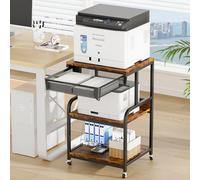 EasyCom Large Printer Stand with Storage Drawer, 5 Adjustable Shelf & 3-Tier Rolling Cart with Industrial Wheels for Desk, Mobile Printer Table for Home Office Fits 3D Printer Scanner Fax Rustic Brown