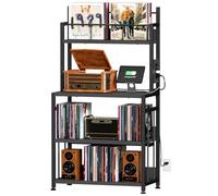 EasyCom Record Player Stand with Vinyl Storage, Turntable Stand Holds Up to 300 Albums, Large Record Player Table with Charge Station, Vinyl Record Stand for Living Room Bedroom, Black
