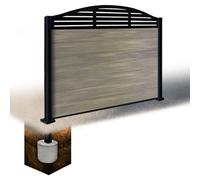 Easycomposite 4Ft Composite Fence Panel & Aluminium Post Sunken In Ground - Greige Boards & Slat Curved Topper Trellis