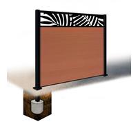 Easycomposite 5Ft Composite Fence Panel & Aluminium Post Sunken In Ground - Teak Boards & Leafy Topper Trellis