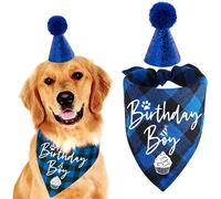 easycozy Classic Blue Plaid Pet Puppy Dog Bandana with Dog Birthday Party Hat Accessories, Boy Dog Birthday Bandana Scarf Bibs for Pet Birthday Outfit Party Supplies Set