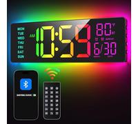 EASYERA 16.5" Large Digital Wall Clock with BT Sync, RGB Lights with 11 Scenes Mode Remote Control, Big LED Clock with Dual Alarms, Auto DST, Temperature for Classroom Gaming