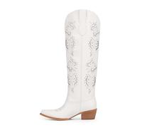 Easyfox Cowboy Boots for Women Rhinestone Butterfly Embroidered Cowgirl Boots Chunky Heel Slip On Knee High Western Boots, White, 7.5 UK