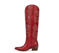 Easyfox Cowboy Boots for Women Rhinestone Butterfly Embroidered Cowgirl Boots Chunky Heel Slip On Knee High Western Boots, Red, 9 UK